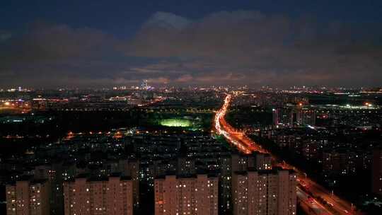 航拍上海城市夜景居民楼亮化