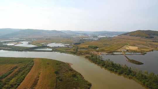 航拍吉林敦化市雁鸣湖湿地沼泽河流森林沼泽