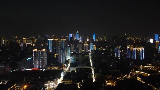 武汉城市夜景灯光江汉路步行街航拍