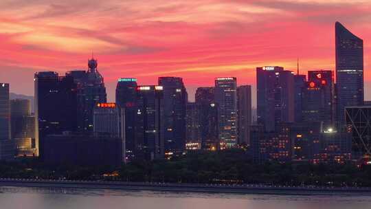 航拍杭州钱塘江新城黄昏晚霞火烧云高楼夜景