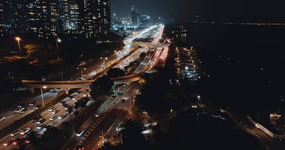 航拍深圳湾超级总部建设进展夜景