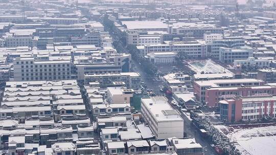 航拍乡镇雪景学校建筑田地大桥别墅河流房屋