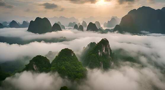 桂林山水合集山峰云海群山云雾缭绕自然风景