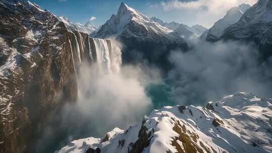 雪山瀑布自然风光全景