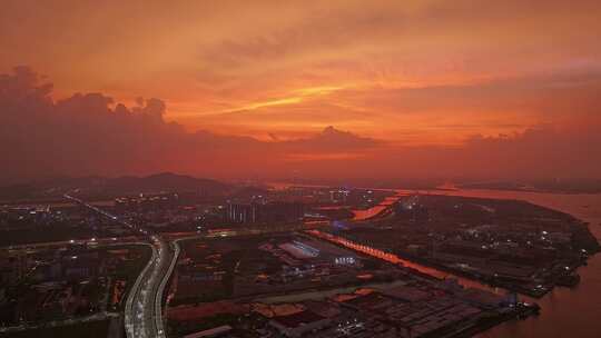 深圳中山翠亨新区深中大桥车流夜景日落航拍