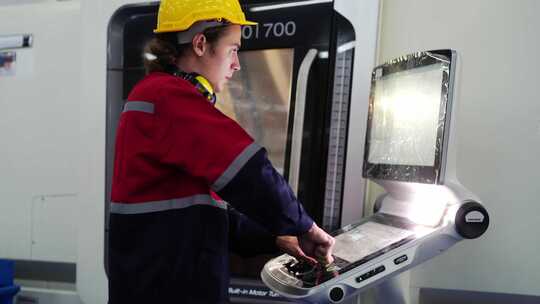 在金属加工行业操作数控机床的年轻工业工人视频素材模板下载