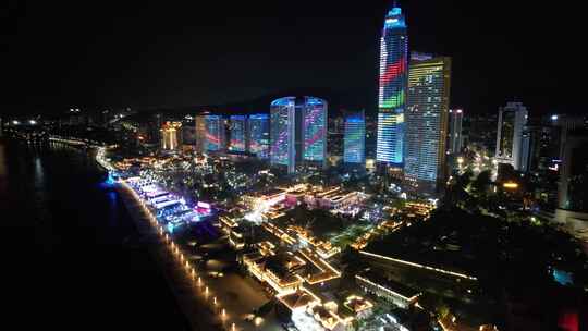 山东烟台城市夜景灯光航拍