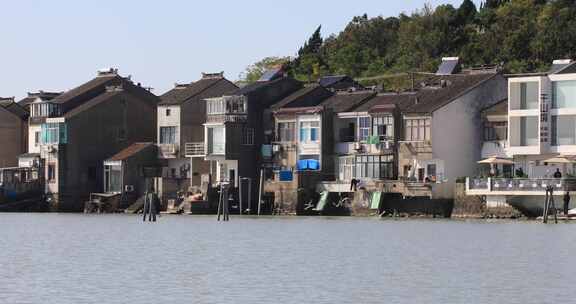 苏州太湖渔港村沿湖民居与飞翔的大群海鸥