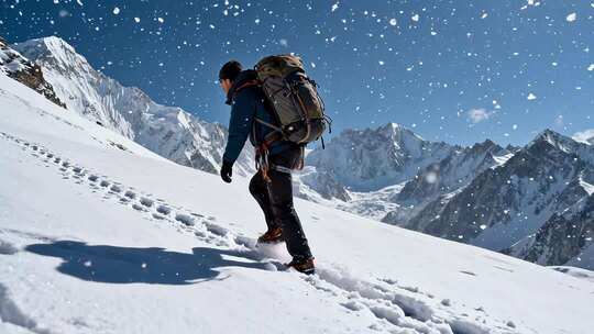 雪山中背着背包的登山者