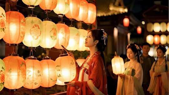 风美女中秋国庆赏灯笼视频