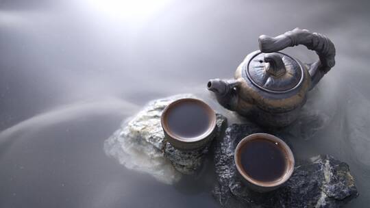 水面上的茶壶与茶杯