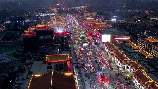 陕西西安大唐不夜城夜景航拍风光