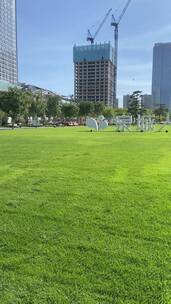 济南泉城人才公园，粉黛花海、城市绿的草坪