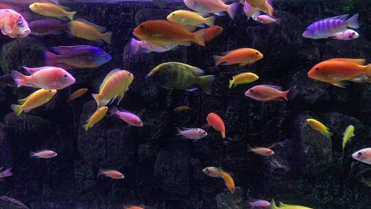 水族馆中，景观金鱼在水中游来游去。