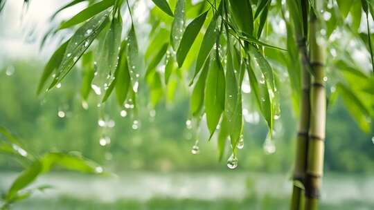 雨后带水珠的竹叶特写