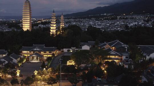 云南大理崇圣寺三塔景区景点酒店晚霞航拍