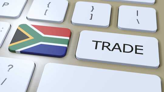 按钮3D动画上的南非国旗和贸易文本视频素材模板下载