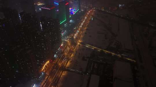 航拍城市雪夜景石家庄