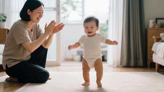 母亲鼓励婴儿学步画面