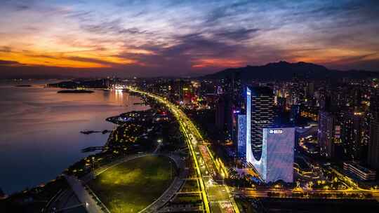 青岛黄岛区航拍夜景晚霞素材