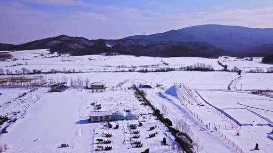 航拍东北黑龙江漠河屋舍马车雪景美丽风光