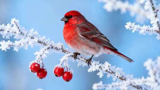 枝头红鸟与覆雪果实特写