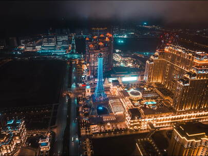 澳门夜景航拍大气城市风光延时4K