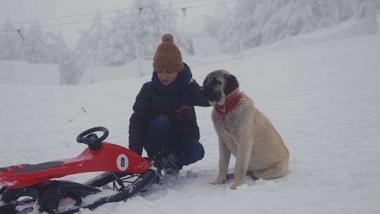 爱狗的男孩在下雪的天气