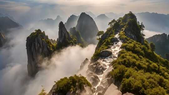 山间云海瀑布壮丽景观