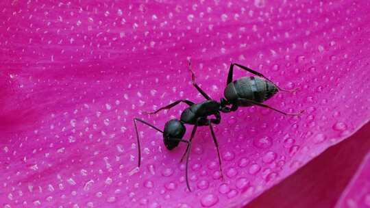 蚂蚁在花瓣上爬行的微距升格特写