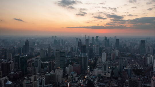 夕阳下上海城市航拍延时