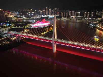 重庆市千厮门嘉陵江大桥江北区夜景航拍延时