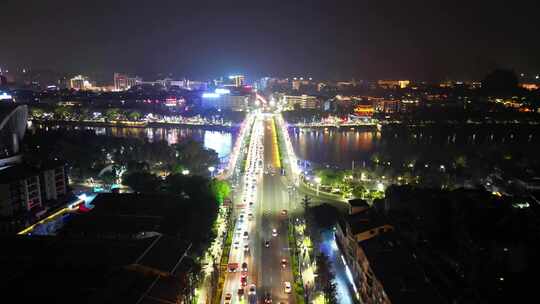 广西桂林城市夜景灯光交通航拍