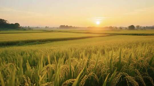 夕阳下的金黄稻田全景