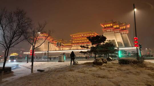 航拍洛阳应天门雪景