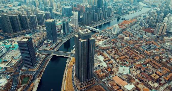 天津航拍镜头城市高楼科技感欧美风色调大气