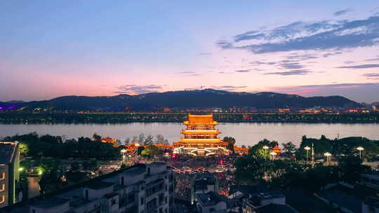 长沙杜甫江阁、岳麓山夜景航拍