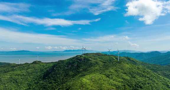 广东海岛风车山风力发电清洁能源航拍延时