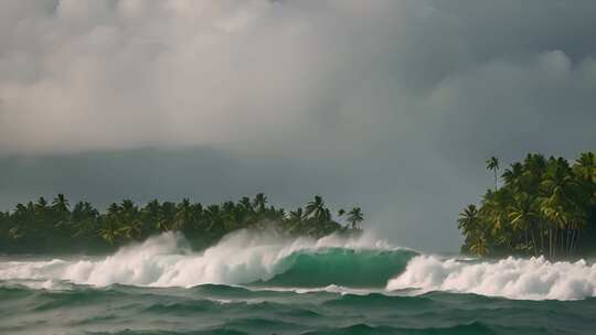 海洋海边海滩椰树海浪ai素材波浪唯美风景