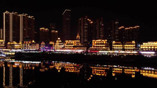 航拍长沙渔人码头夜景全景