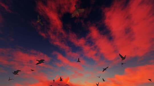 朝阳晨光中海面上飞翔的海鸥