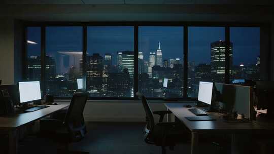 办公室窗外城市夜景商务加班场景视频