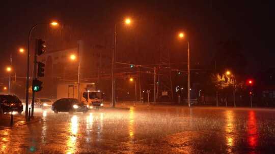 闪电大雨暴雨下雨狂风灾难城市水灾马路行人