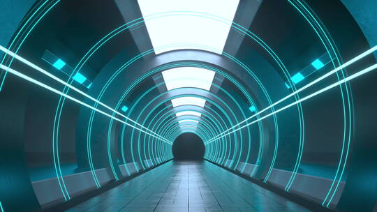 前进在蓝色霓虹灯光隧道 3D渲染
