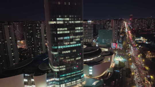 中国辽宁沈阳浑南区浑南西路夜景航拍