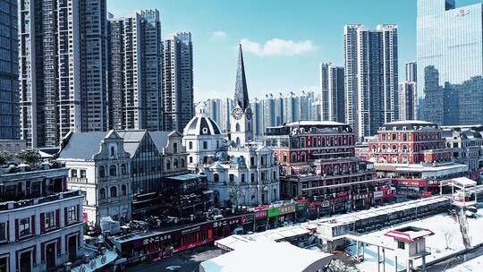 长沙渔人码头城市地标雪景