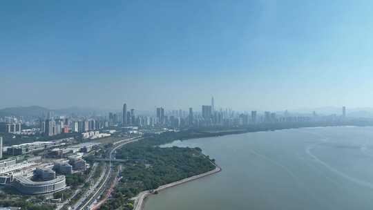 深圳海岸线航拍深圳湾公园红树林滨海大道