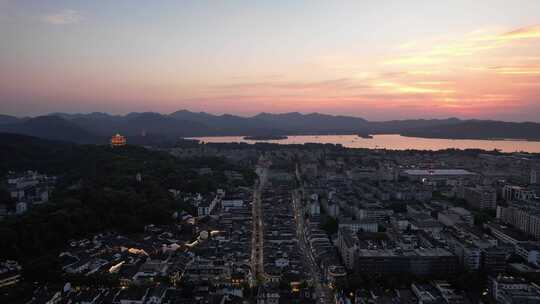 浙江杭州西湖河坊街夜幕降临晚霞日落夜景