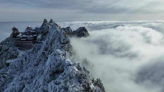 河南老君山冬季雪后云海大气航拍