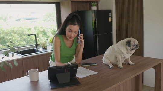 女性在家庭办公室兼顾工作和宠物护理
